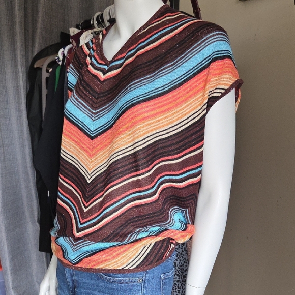 Morgan de Toi Teal Orange Chevron Knit Cap Sleeve Blouse w Key Hole Tie Back - Picture 3 of 11